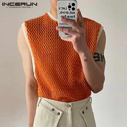 2023 männer Tank Tops Patchwork Mesh Transparente Spitze Streetwear Oansatz Ärmellose Westen Sexy Mode Männer Kleidung S-5XL INCERUN 7