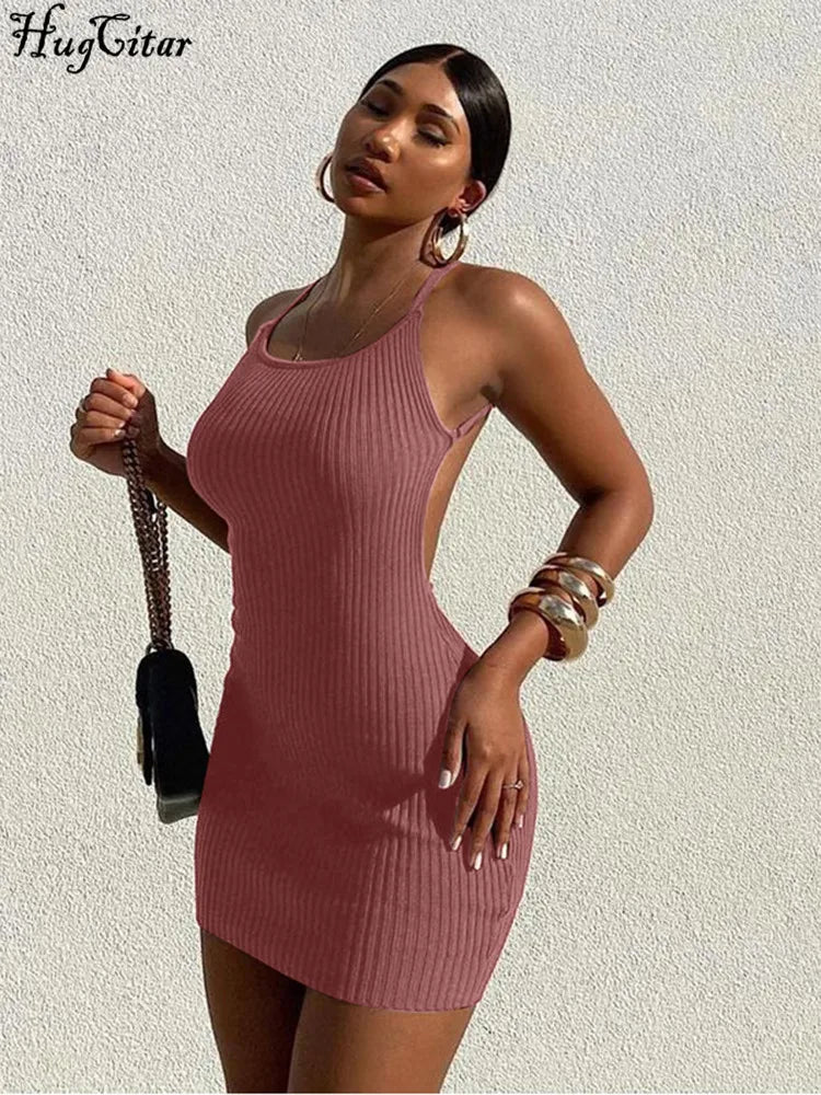 Hugcitar Ribbed Sleeveless Solid Backless Square Collar Sexy Mini Dress 2023 Summer Women Elegant Party Club Outfits