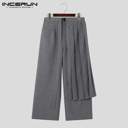 2023 Men Irregular Pants Solid Color Joggers Streetwear Loose Pleated Male Straight Trousers Casual Long Pants S-5XL INCERUN