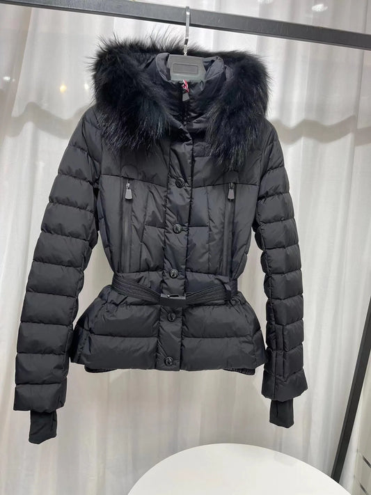 Autumn And Winter New Style Narrow Waist Medium And Long Down Jacket For Women belt, Big Fox Fur Collar M Goose Down