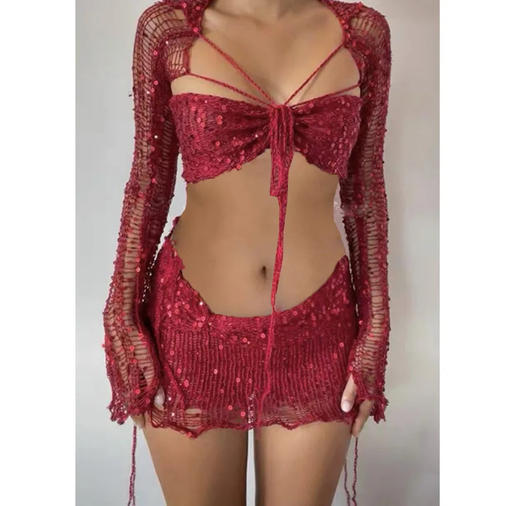 Robe tricotée au Crochet, ensemble jupe deux pièces, vêtements d'été pour femmes, haut court Sexy, robe élégante en tricot à paillettes, ensemble 2 pièces, 2023