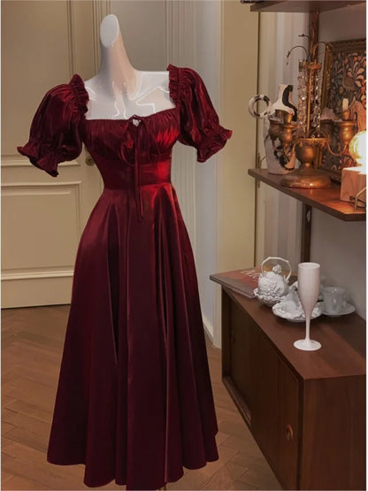 Robe de soirée française Vintage bordeaux pour femmes, tenue de bal élégante et romantique, ligne a coréenne, robes de remise de diplôme, été, 2023