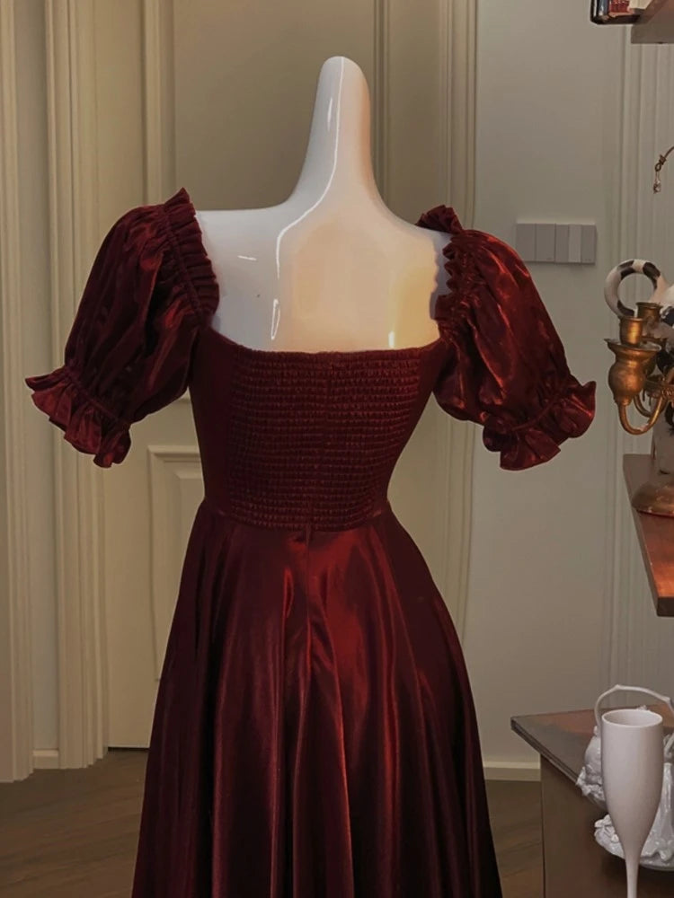 Robe de soirée française Vintage bordeaux pour femmes, tenue de bal élégante et romantique, ligne a coréenne, robes de remise de diplôme, été, 2023