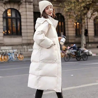 Veste en duvet de coton pour femmes, vêtements d'hiver, nouveau manteau coréen ample rembourré en coton, pardessus Long décontracté, épais et chaud, Parka à capuche, 2023