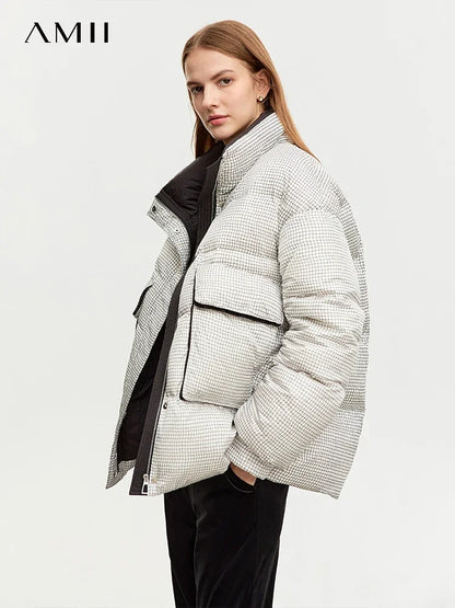 AMII Women's Gingham White Duck Down Coats 2023 Winter Loose Down Jackets High Stand Collar Thick Warm Outerwear Female 12344054