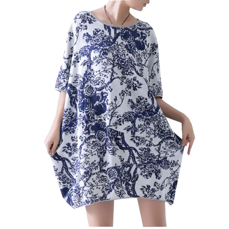 2022 spring summer new women clothing loose large size printing half sleeve ladies fashion vintage casual cotton linen dress