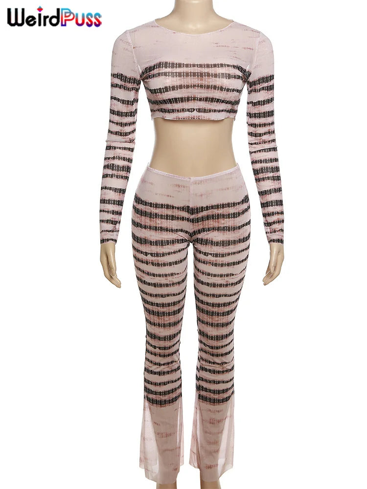 Weird Puss Sexy Durchsichtiges 2-teiliges Set für Damen, gestreift, dünn, Stretch, O-Ausschnitt, lange Ärmel, bauchfreie Tops + Hosen, passende Clubwear-Outfits