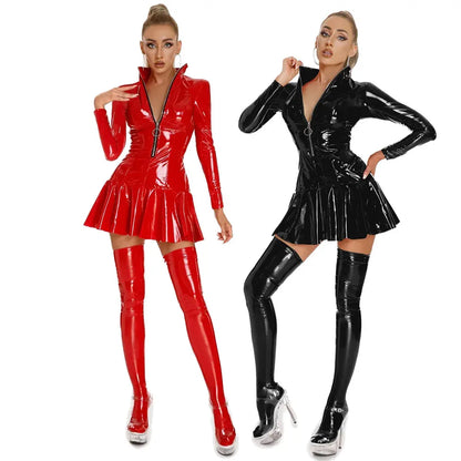 Robe courte Sexy en cuir PVC brillant pour femmes, façonnage érotique, plissée en Latex, fermeture éclair, exposition des seins porno, Mini robe en Latex