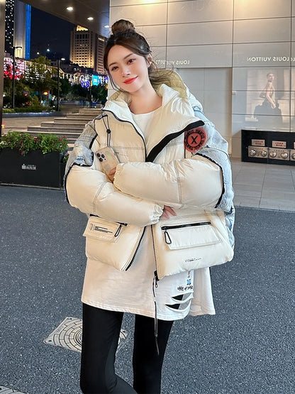 2023 herbst Winter Neue Mode Kurze Kapuze Große Taschen Verdickt Mode Lose Brot Unten Jacke Casual WarmPuffer Jacke