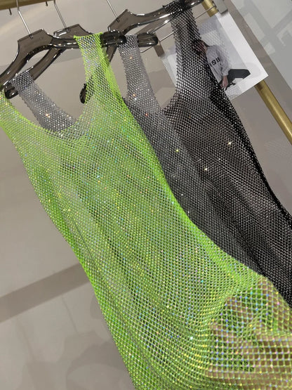 Robe mi-longue Sexy sans manches, squelette à paillettes, strass, filet de pêche, maille transparente, col rond, robe de soirée, nouvelle collection 2023