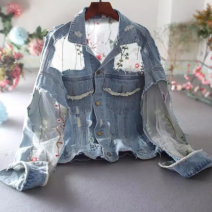 Chaquetas Mujer été printemps Streetwear broderie dentelle Patchwork Sexy veste en jean femmes effiloché gland ample jean manteau Femme