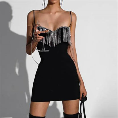 Xeemilo Summer Party Masonry Chain Design Dress Sexy Black Suspender V-neck Evening Club Dresses Elegant Fashion Slim Vestidos