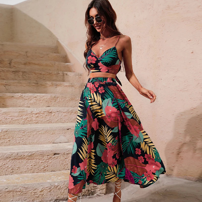 Y2K Bikini Crop Tops Long Dress Sexy Set for Women Summer Fashion Two Pieces Skirt Beach Style Floral Print Midi Sexy Boho Sets