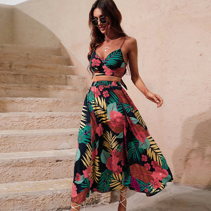 Y2K Bikini Crop Tops Long Dress Sexy Set for Women Summer Fashion Two Pieces Skirt Beach Style Floral Print Midi Sexy Boho Sets