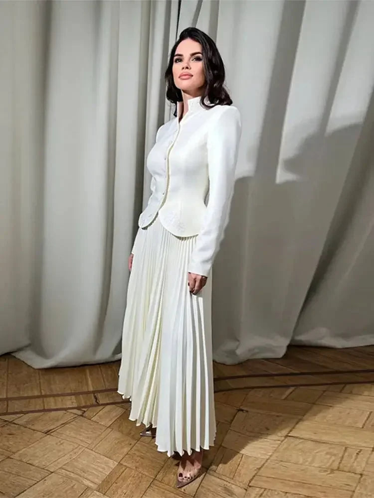 Robe longue élégante à col montant, deux ensembles pour femmes, jupe plissée à taille haute, à la mode, nouveaux ensembles assortis, tenue féminine, 2024