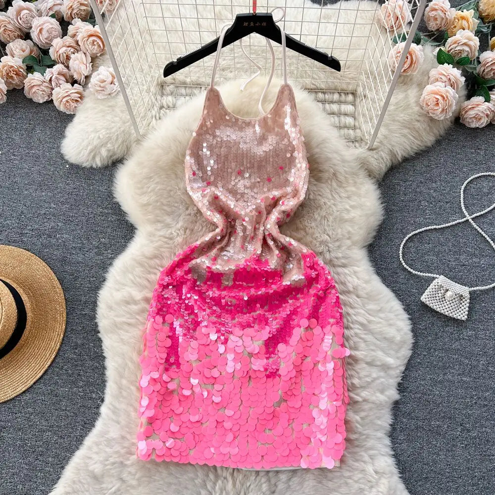 2024 neue Sommer Mode Elegante Gradienten Pailletten Kleid Frauen Backless Ärmellose Club Geburtstag Party Rosa Mini Kleider für Frauen