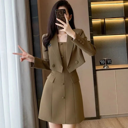 Junge Frauen Zwei Stücke Set Schlank Büro Dame 2023 Frühjahr Neue Hosenträger Kleid Elegante Kerb Blazer Mantel Top Übergroßen 4XL Koreanische