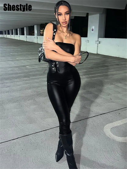 Shestyle Strapless PU Leather Jumpsuit Women Clubwear Black Summer Elegant Date High Street Elastic Slimming Fitness Sleeveless