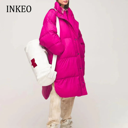 Winter Long White duck down jacket High street Solid Thick warm Female Loose Coat White belt Ladies Outerwear INKEO 1O349