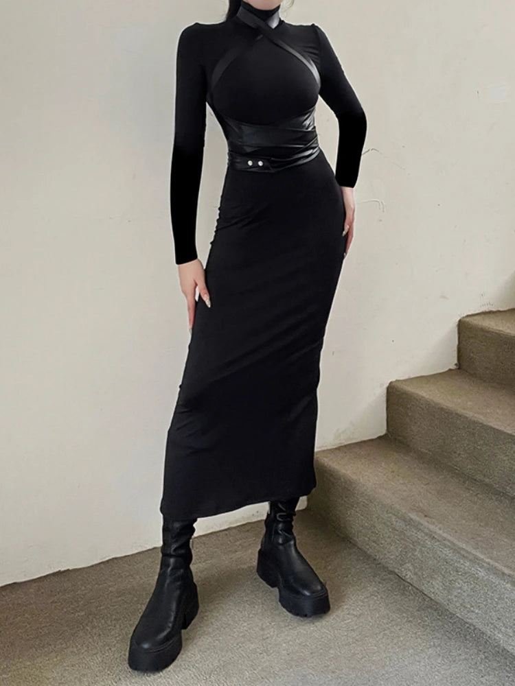 Robe longue noire moulante pour femmes, vêtements à col roulé, Slim, Sexy, Streetwear, taille haute, Patchwork, tenue d'automne