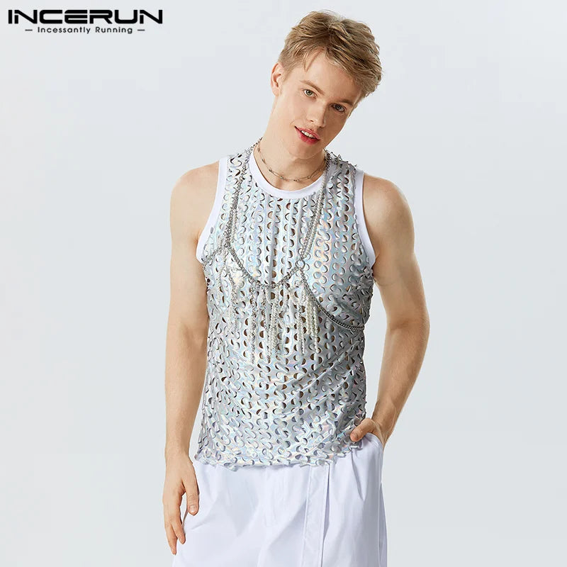 2023 männer Tank Tops Funkelnden Oansatz Ärmellose Streetwear Aushöhlen Westen Sommer Sexy Mode Party Männer Kleidung S-5XL INCERUN