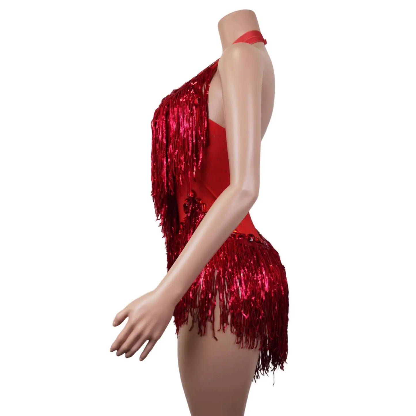 Clignotant rouge paillettes franges strass Transparent body femme soirée anniversaire célébrer Costume danseur justaucorps Shuye