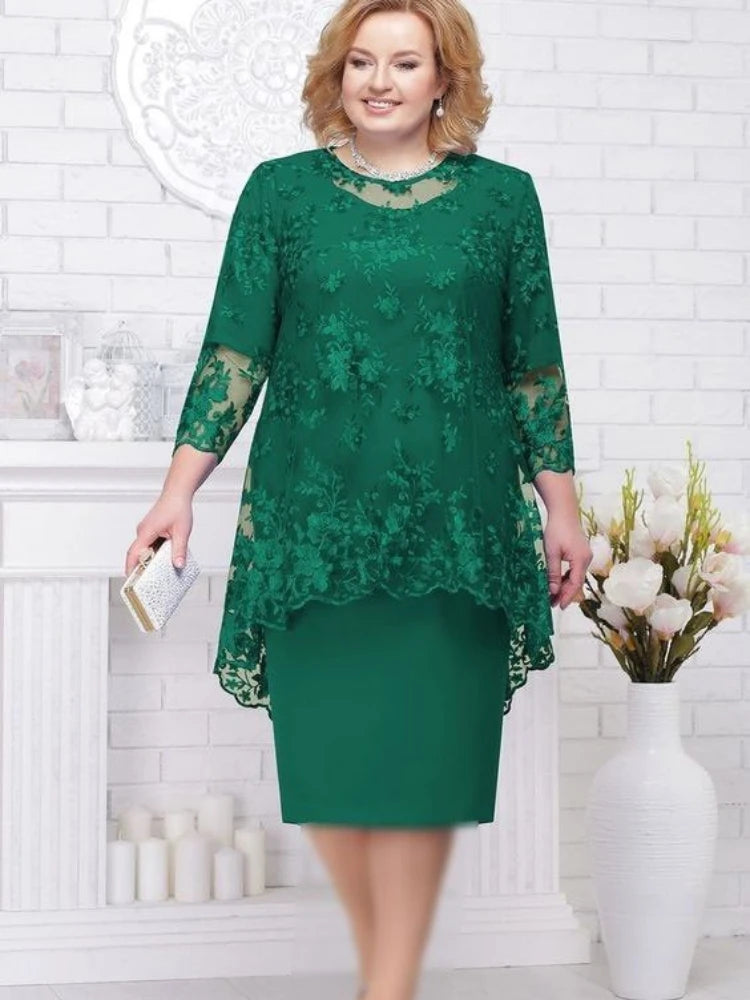 FSMG Grande Taille Femmes Robe de Soirée, Mode Couleur Unie Col Rond Taille Haute Dentelle Broderie Deux pièces Slim Fit Robe Ensemble