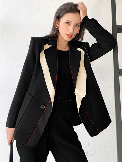 [EAM] Frauen Schwarz Kontrast Farbe Grat Blazer Neue Revers Lange Hülse Lose Fit Jacke Mode Flut Frühling Herbst 2024 1W519