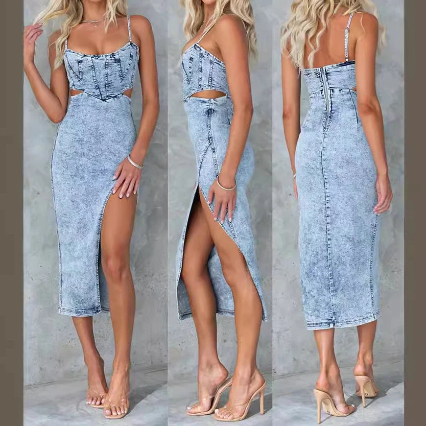 Robe en Denim Sexy pour femmes, sans manches, dos nu, ajouré, taille haute, Slim, fente pour boîte de nuit, longue, été, 2024