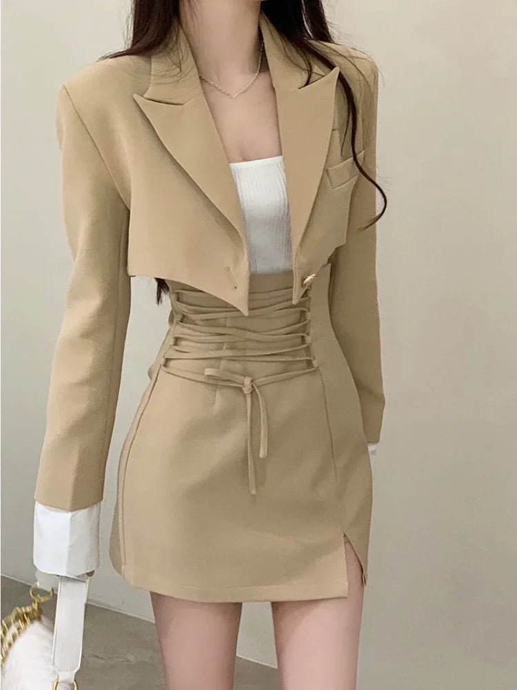 2-teiliges Kleiderset für Damen, lässig, Y2k, Crop Tops, elegante Jacke, Mäntel + Miniröcke, koreanische Modeanzüge, 2024 Frühlingsblazer, Kleid