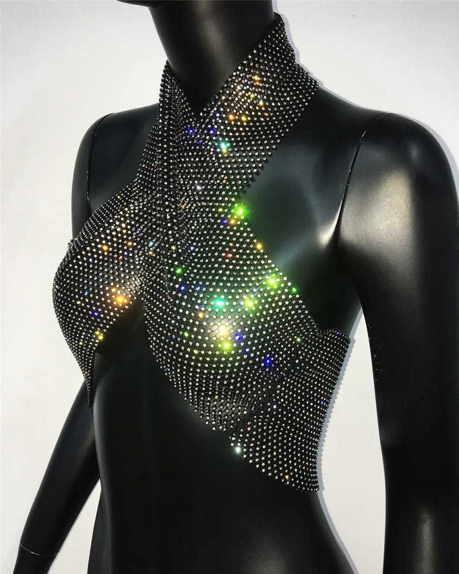 Frauen Glänzende Diamanten Fishnet Crop Tops Sexy Aushöhlen Strass Backless Neckholder Tank Top Rave Festival Party Leibchen Neue