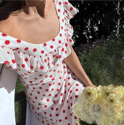 Tango français marguerite, Vintage fille sable lavé robe en crêpe de soie blanc rouge à pois col en V dos en V Sexy été femmes robe longue