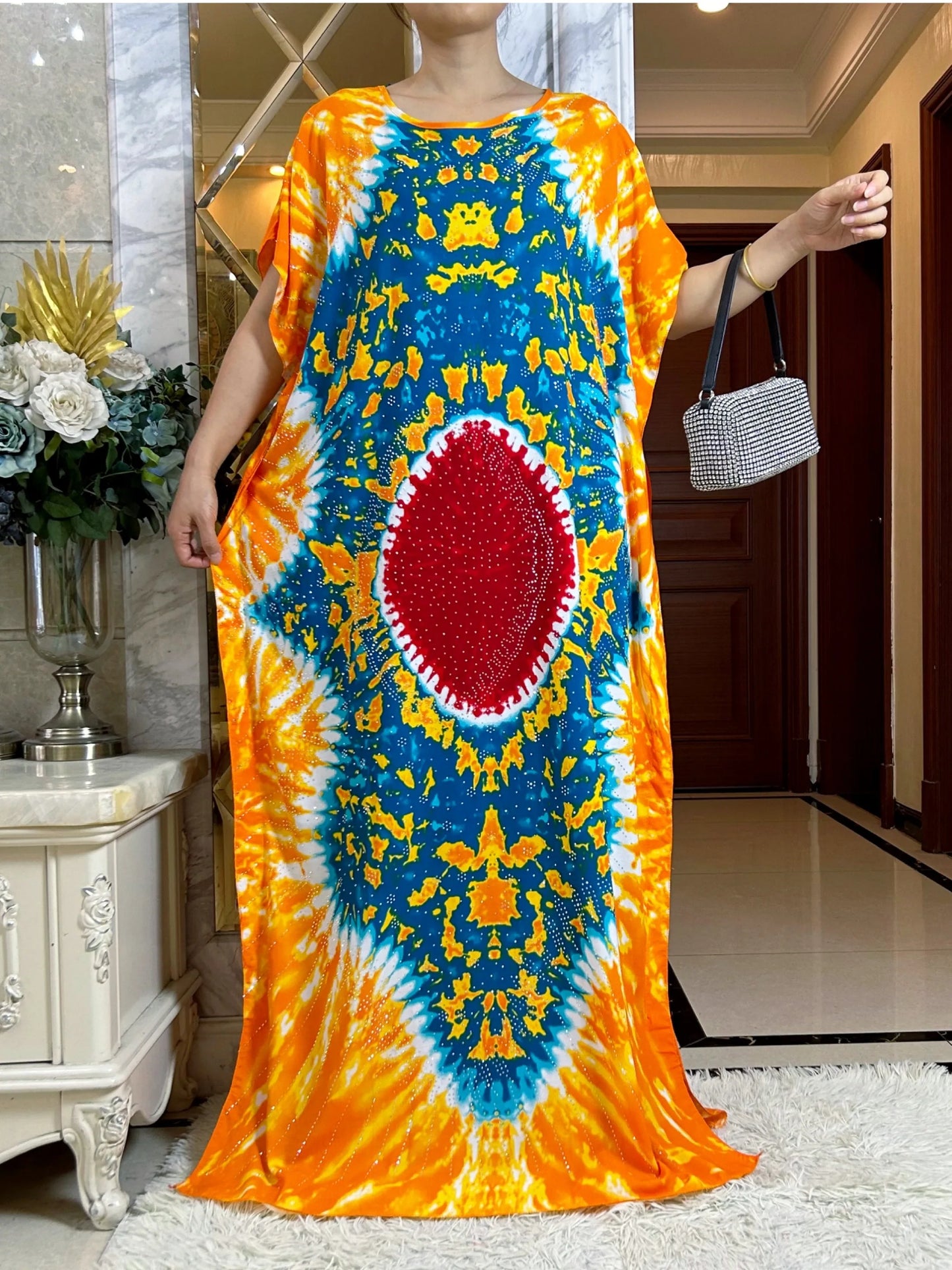 2024 neueste Afrikanische Frauen Sommer Kurzarm Dubai Abaya Diamanten Gedruckt Baumwolle Maxi Muslimischen Femme Lose Kleid Mit Großen Schal