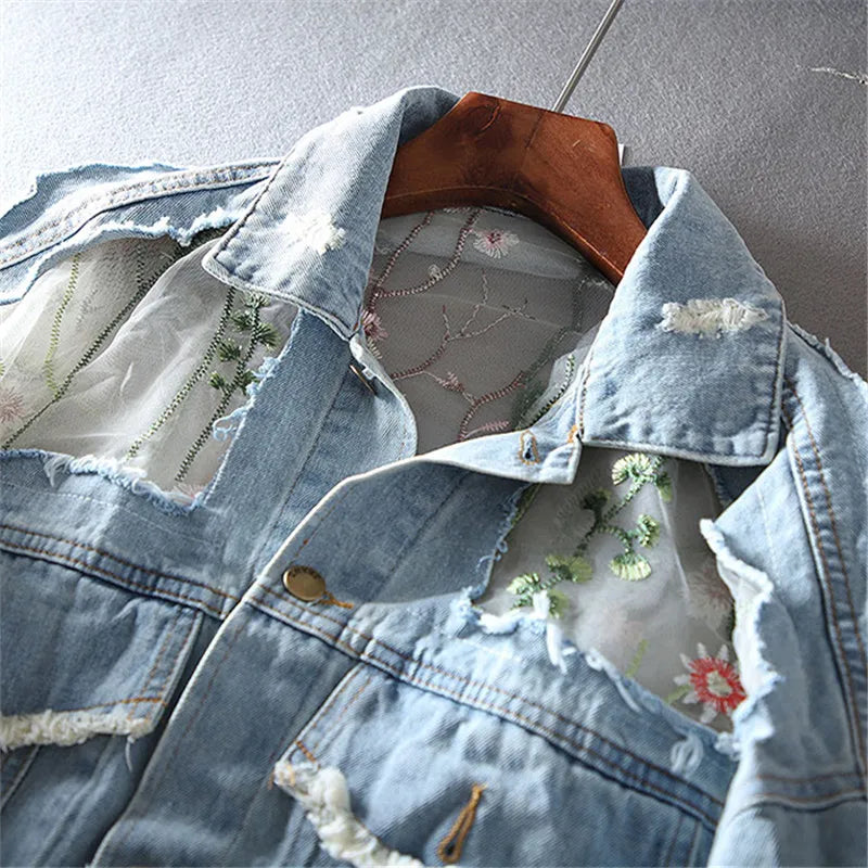 Chaquetas Mujer été printemps Streetwear broderie dentelle Patchwork Sexy veste en jean femmes effiloché gland ample jean manteau Femme