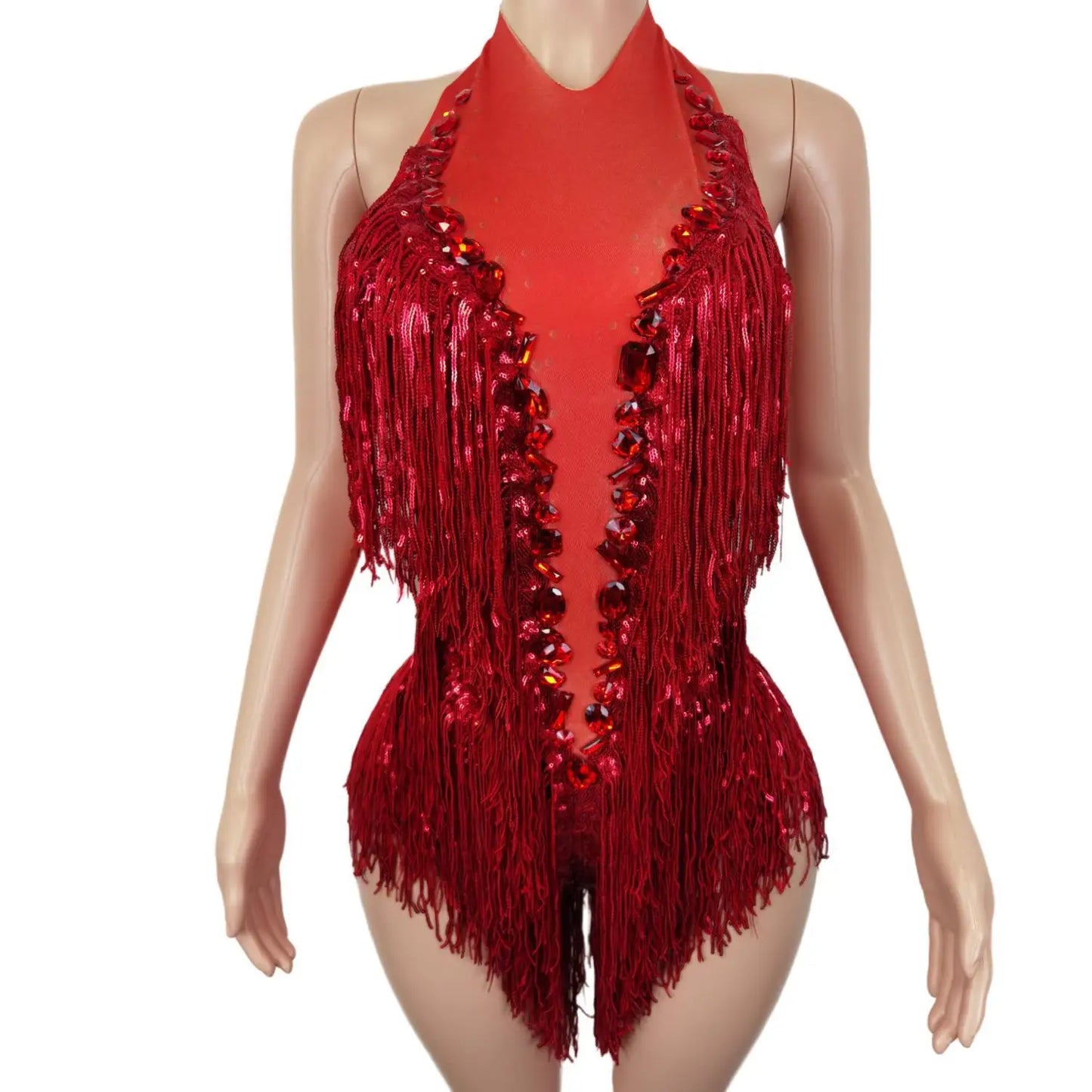 Clignotant rouge paillettes franges strass Transparent body femme soirée anniversaire célébrer Costume danseur justaucorps Shuye