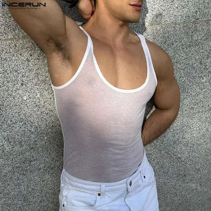 2023 männer Tank Tops Solide Oansatz Ärmellose Atmungsaktive Durchsichtig Sexy Westen Streetwear Fashion Dünne Männer Kleidung INCERUN S-5XL