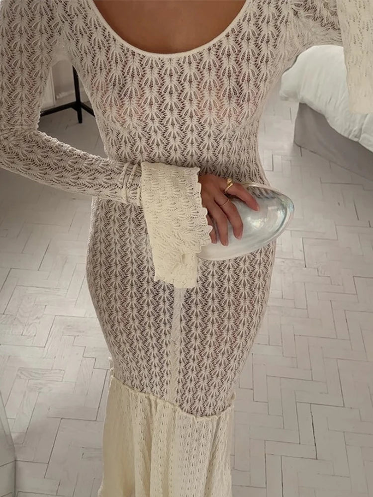 Transparent Knitted Women Dresses See Through Patchwork Lady Dresses 2024 Fashion Beach Slim Long Sleeve Hip Package Female Robe