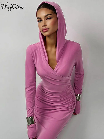 Hugcitar – robe longue drapée à capuche, couleur unie, col en V, manches longues, Sexy, Slim, mode femme hiver Y2K, tenues de fête, Streetwear, 2023