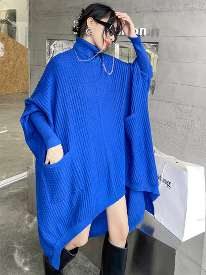 [EAM] Women Blue Irregular Back Long Big Size Knitting Dress New Turtleneck Long Sleeve Fashion Tide Spring Autumn 2024 1DF9757