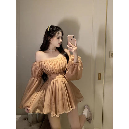 French Sexy Off Shoulder Dress Long Sleeve High Waist Pleated Slim Dress Women 2024 New Gentle Princess Short Dresses