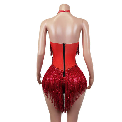 Clignotant rouge paillettes franges strass Transparent body femme soirée anniversaire célébrer Costume danseur justaucorps Shuye