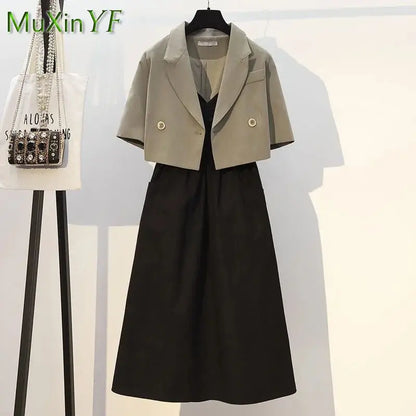 2024 Summer Fashion Short Small Blazer Sling Dress Two Piece Suit Women Korean Elegant Short Sleeve Casual Suit Midi Skirt Set