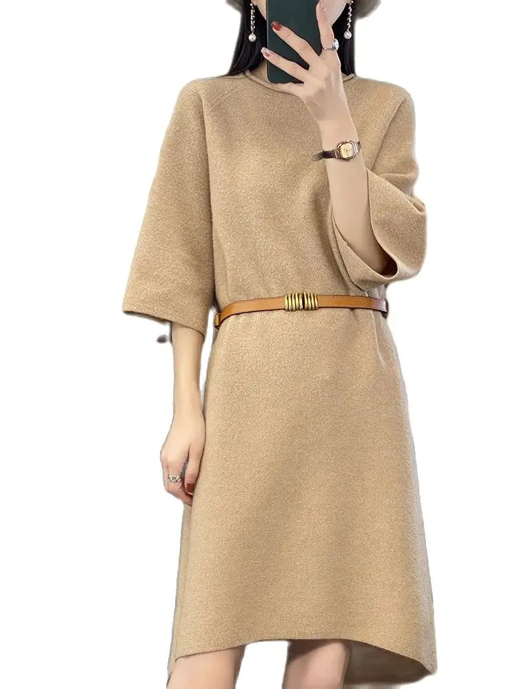 Robe décontractée en laine Pure et cachemire pour femmes, ample, manches courtes, tricotée, nouveau pull en laine, style Long, printemps, 100%