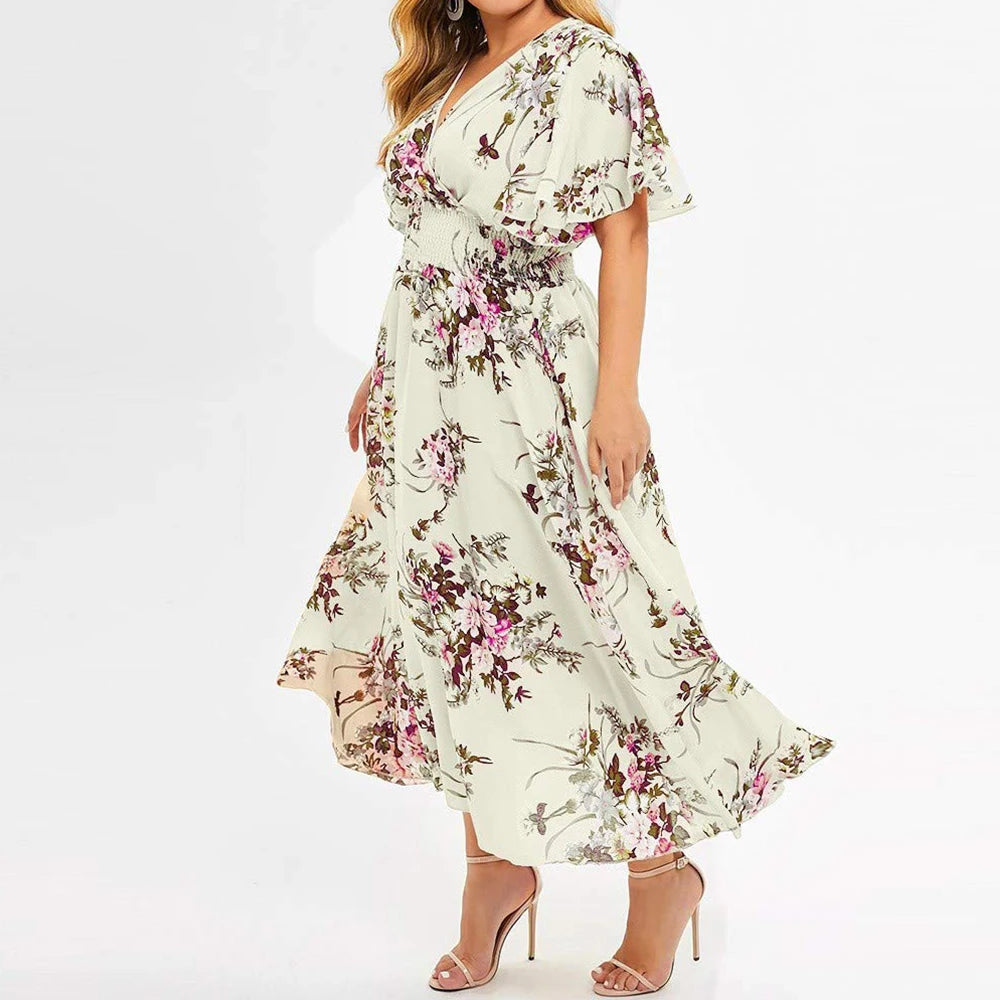 Sommer Neue Sexy V-ausschnitt frauen Strand Kleid Plus Größe Lose Mode Floral Gedruckt Schmetterling Ärmel Midi Kleid Dame Hochzeit Kleid