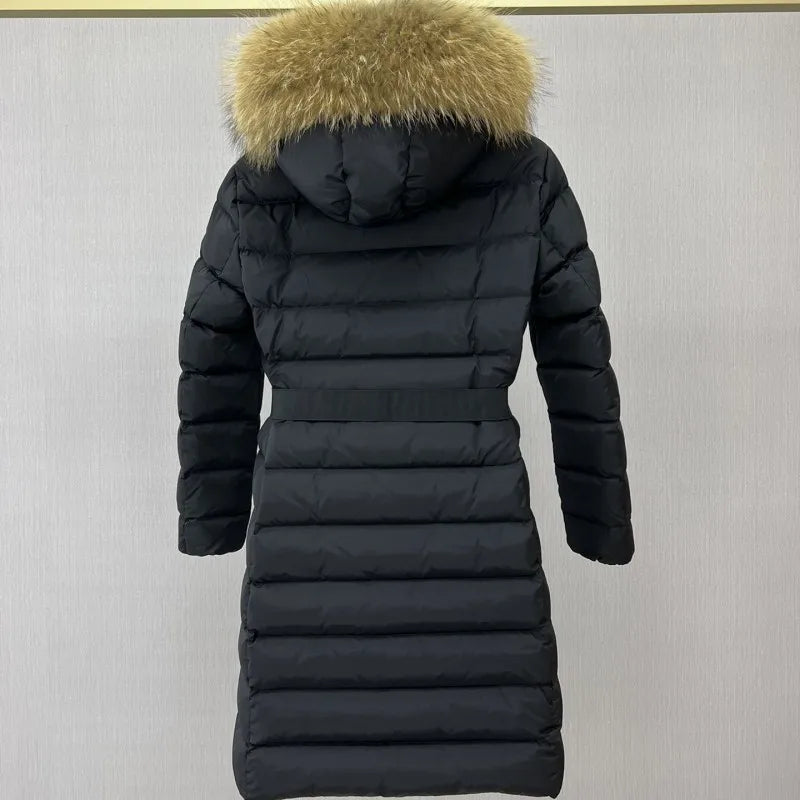 Automne et hiver femme col en fourrure de renard à capuche Long motif doudoune Y2K veste décontractée ceinture cintrée chaud mode femme manteau