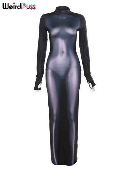 Seltsame Puss Body Print Maxi Kleid Frauen Sexy Ästhetik Langarm Rollkragen Dünne Bodycon Streetwear Elastische Party Clubwear