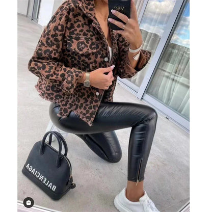 Vintage Denim Jacken für Frauen 2024 Neue Leopard Demin Jacke Trendy Langarm Schlank Winter Jacke Frauen Mäntel Freund Lose