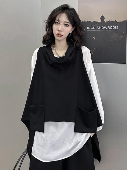 [EAM] Women Black Irregular Big Size T-shirt New Round Neck Long Sleeve Two Pieces Fashion Tide Spring Autumn 2024 1DF5985