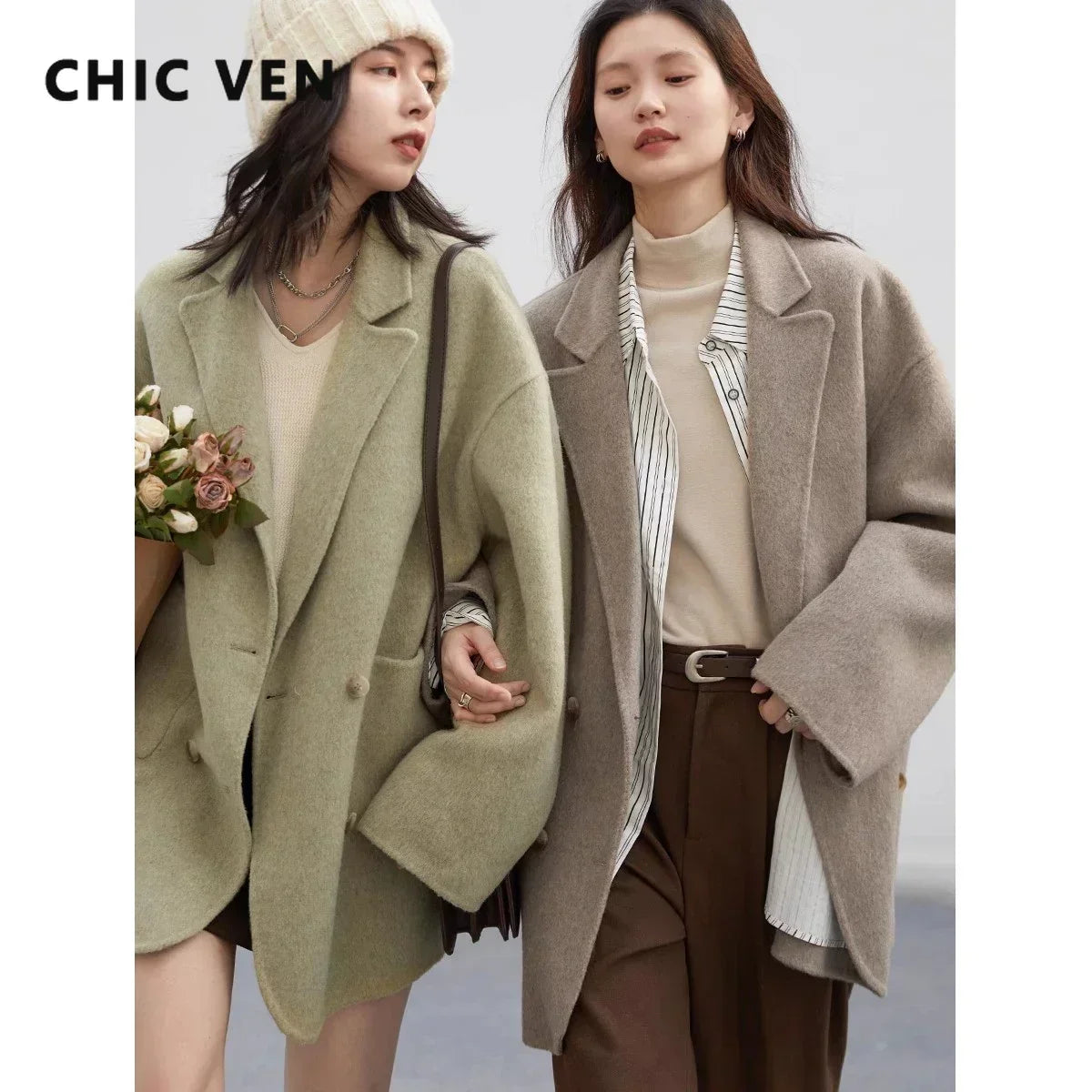 CHIC VEN – manteaux en laine pour femmes, amples et décontractés, Double boutonnage, veste rétro Double face, vêtements d'extérieur pour dame de bureau, automne hiver 2023