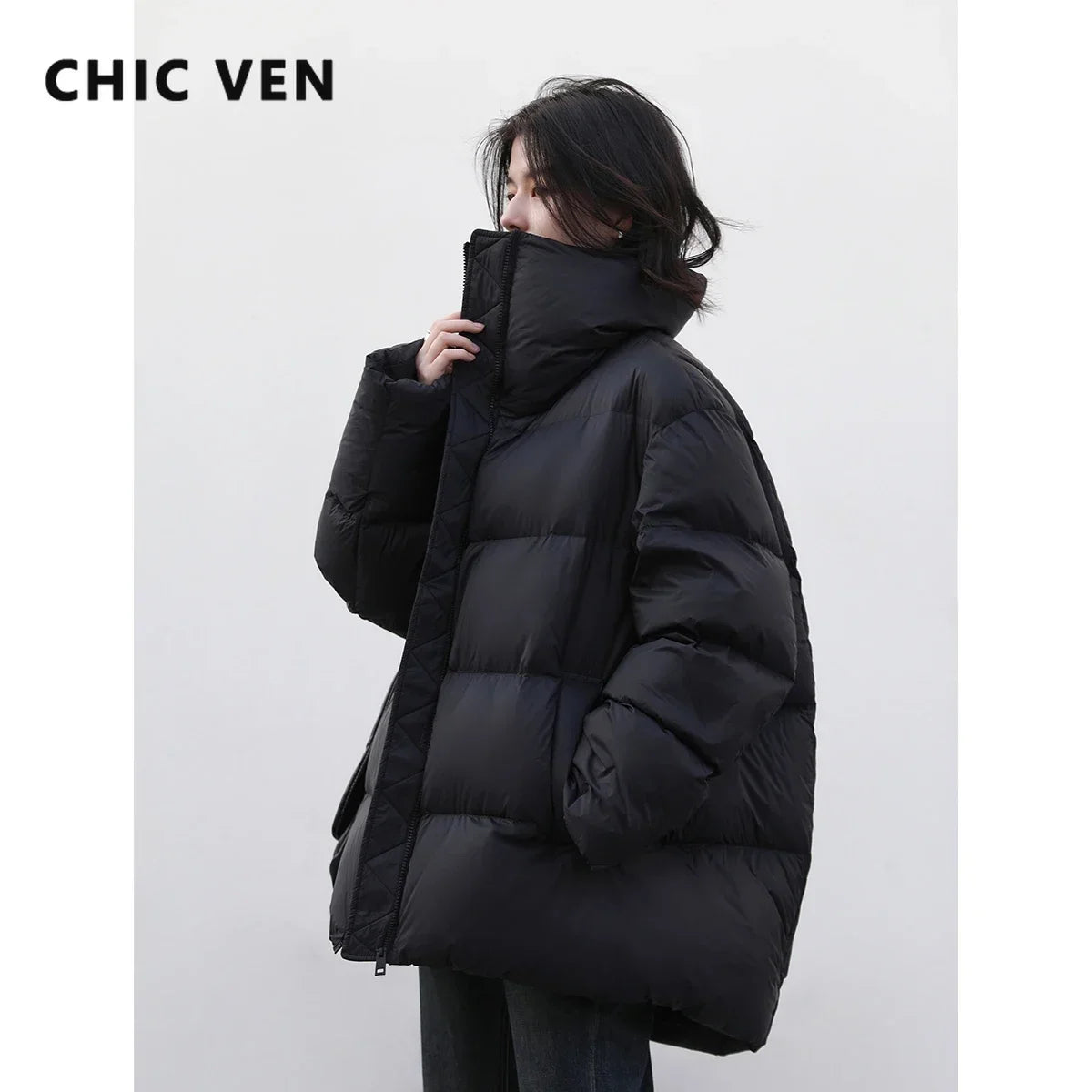 CHIC VEN Damen Daunenjacke, langärmelig, neue weiche, feste, leichte Brot-Daunenjacke für Damen, warmer Mantel, Revers, Oberbekleidung, Winter 2023